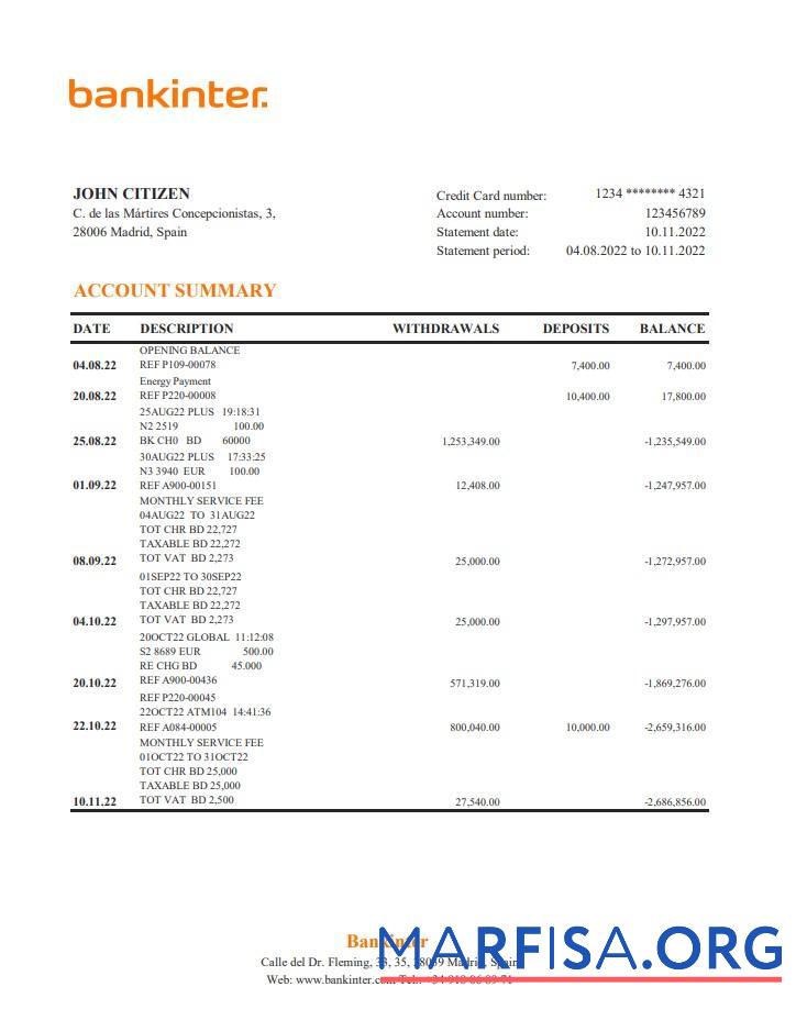 Printable Spain Bankinter bank statement excel sample